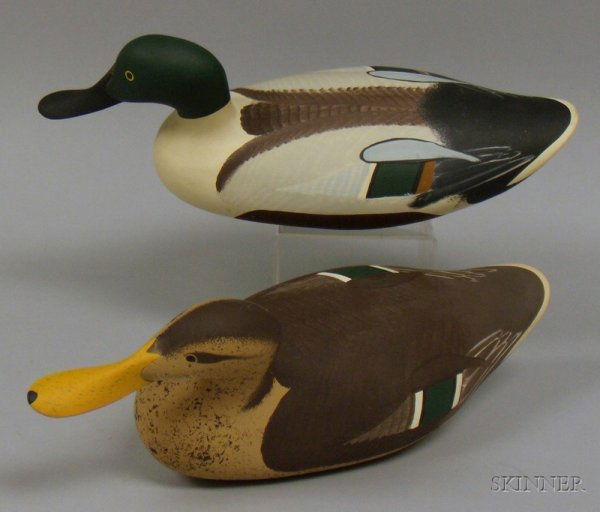 Mallard Drake and Hen Decoys, David Walker, Havre: Mallard Drake and Hen Decoys, David Walker, Havre de Grace, Maryland, late 20th century, the decoys with painted eyes, both signed and with branded maker's marks on base.