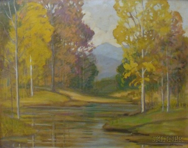 Framed Oil on Artist Board, October Day, by David : Framed Oil on Artist Board, October Day, by David Stirling (American, 1887-1972), signed "STIRLING" l.r., also titled, inscribed, and dated "...ESTES PARK/1946..." on the reverse.