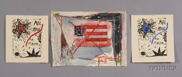 Lot of Eleven Works by Katherine Page Porter (Amer: Lot of Eleven Works by Katherine Page Porter (American, b. 1941): Unsigned. Happy Bicentennial Baby, unsigned, oil with tooling and collage on canvas, 15 1/4 x 21 in., unstretched; Studies, mixed