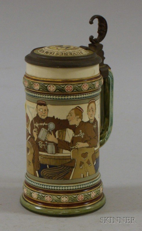 Mettlach Etched Stoneware Lidded Stein, 1/2 l., im: Mettlach Etched Stoneware Lidded Stein, 1/2 l., impressed "2051, 99."