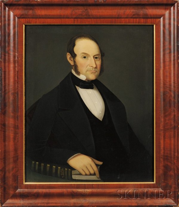 Ammi Phillips (American, 1788-1865) Portrait of a: Ammi Phillips (American, 1788-1865) Portrait of a Gentleman. Unsigned. Oil on canvas, c. 1850, the gentleman, reportedly a Berkshire Massaachusetts, area physician, 33 1/2 x 27 1/2 in., in a period ma
