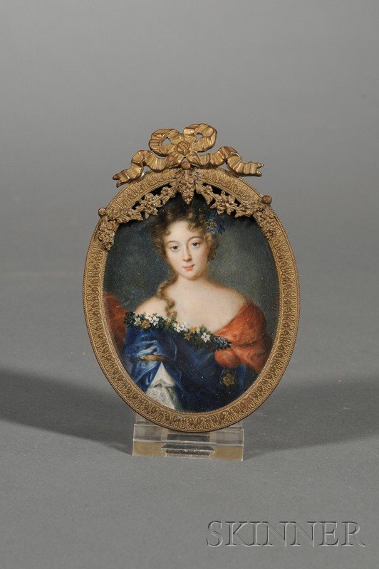 Portrait Miniature of Countess Grignan, after Pier: Portrait Miniature of Countess Grignan, after Pierre Mignard (French, 1610-1695), signed "Aubry" c.r., subject identified in embossed gold lettering on partial leather frame under present frame, water