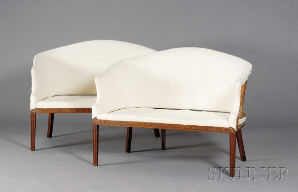 Pair of Federal Mahogany Upholstered Carved Settee: Pair of Federal Mahogany Upholstered Carved Settees, probably New England, c. 1795-1800, the arched backs continuing to shaped arms on square molded tapering frontal legs and slightly raked rear legs,