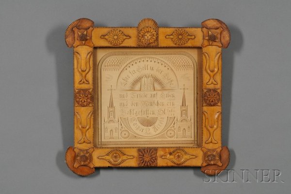 Two Carved Tramp Art Frames, Casper L. Accola, Pra: Two Carved Tramp Art Frames, Casper L. Accola, Prairie, Du Lac, Wisconsin, c. 1917, the frames with chip-carved and applied carved devices, one framing a carved plaque with the biblical verse Luke 2:1