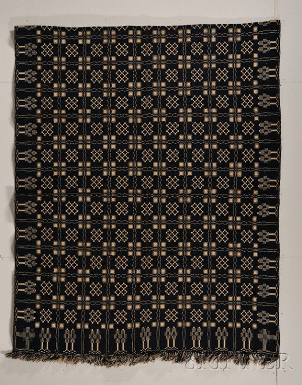 Painted Wooden Bellows and a Woven Wool and Cotton: Painted Wooden Bellows and a Woven Wool and Cotton Coverlet, America, 19th century, the wood and leather bellows with brass nozzle, painted green with metallic powder stencils of a bird, fruit, and fo