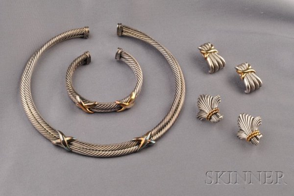Suite of Sterling Silver and 14kt Gold Jewelry, Dav: Suite of Sterling Silver and 14kt Gold Jewelry, David Yurman, a ropetwist torque necklace, bangle, and earclips, with "X" motifs, lg. 14 1/4, 6 1/4, 1 in., all signed, together with a pair of sterling
