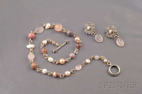 Two Sterling Silver and Hardstone Jewelry Items, St: Two Sterling Silver and Hardstone Jewelry Items, Stephen Dweck, the necklace composed of rose quartz, banded agate, rutilated quartz, and hardstone beads alternating with freshwater pearls and joined