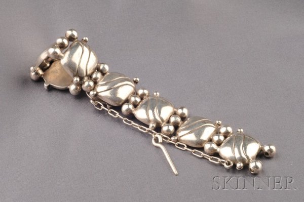 Sterling Silver Bracelet, William Spratling, c. 19: Sterling Silver Bracelet, William Spratling, c. 1935-45, composed of incised cushion-shape links each spaced by a line of three spheres, lg. 8 1/4 in., signed WS and Spratling Silver. Note: A bracelet