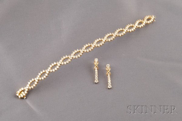 18k Gold and Diamond Bracelet and Earpendants, McT: 18k Gold and Diamond Bracelet and Earpendants, McTeigue, the bracelet designed as open navette form links, set throughout with full-cut diamonds, together with a pair of earpendants, approx. total wt.
