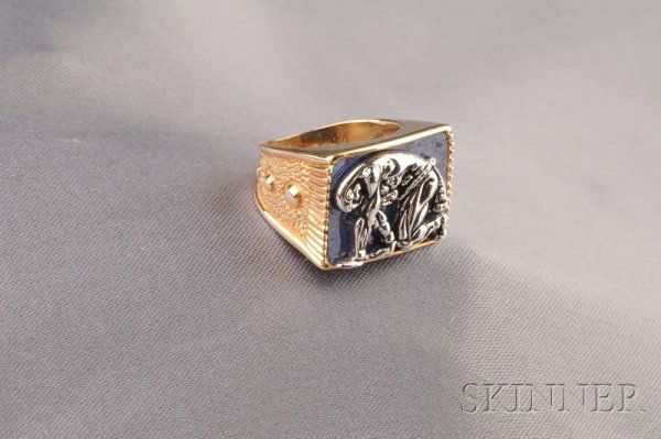 Artist Designed 14kt Gold, Silver, and Lapis "Sams: Artist Designed 14kt Gold, Silver, and Lapis "Samson and Delilah" Ring, Erte, made by Circle Fine Art Corp., no. 29/500, size 7. Note: Pictured in Erte: Art to Wear, p. 148. The original design dates