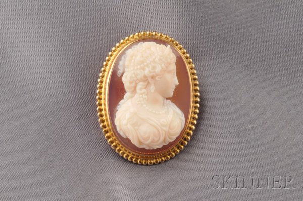 Antique Hardstone Cameo, depiciting a medieval lad: Antique Hardstone Cameo, depiciting a medieval lady, 14kt gold beaded frame, lg. 1 3/8 in.
