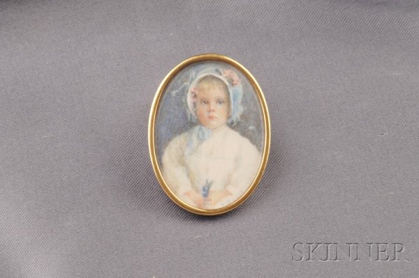 Edwardian Portrait Miniature Brooch, Marcus & Co.,: Edwardian Portrait Miniature Brooch, Marcus & Co., with watercolor depiction of a girl in a blue bonnet with ribbons and bluebells, 18kt gold and platinum mount, lg. 1 1/2 in.