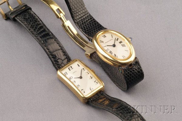 Two Lady's 18kt Gold Wristwatches, a Bueche-Girod,: Two Lady's 18kt Gold Wristwatches, a Bueche-Girod, with Roman numeral indicators, enclosing a manual-wind movement, oval bezel, leather band completed by 18kt gold deployant clasp, together with an Ob
