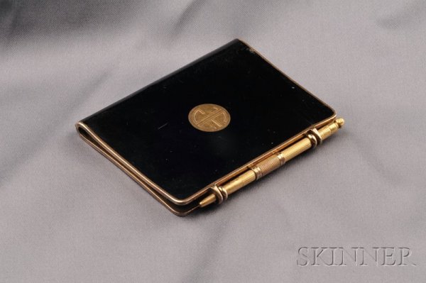 Silver-gilt and Enamel Writing Book, Cartier Paris: Silver-gilt and Enamel Writing Book, Cartier Paris, designed as a black en plein enamel notebook with a ribbed 18kt gold mechanical pencil, maker's marks, 3 1/8 x 2 1/4 in., French guarantee stamps, n