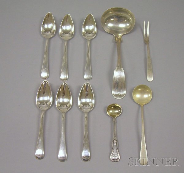 Set of Six Sheffield Silver Plated Grapefruit Spoon: Set of Six Sheffield Silver Plated Grapefruit Spoons and Four Serving Items, including David Carlson small serving fork, a W & H sterling silver ladle, etc.