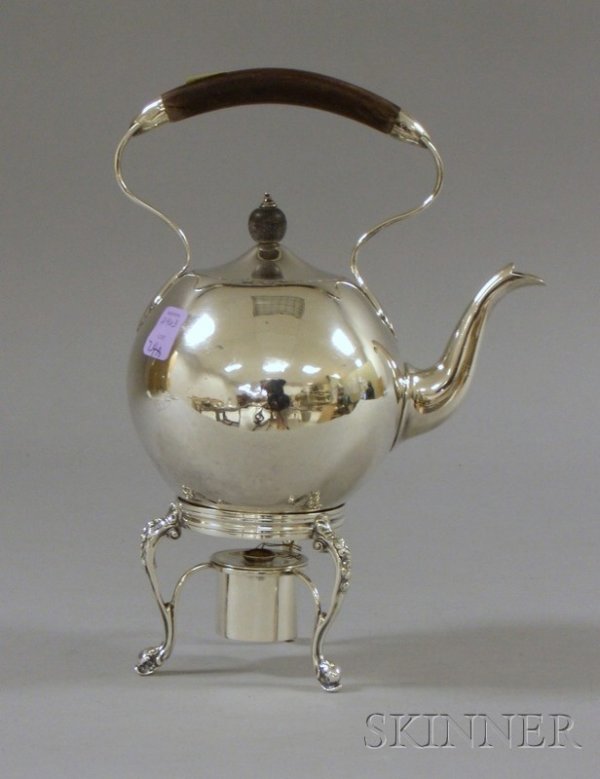 Georgian-style Sterling Silver Tea Kettle on Warmi: Georgian-style Sterling Silver Tea Kettle on Warming Stand, ht. 11 1/2 in., approx. 30 troy oz.