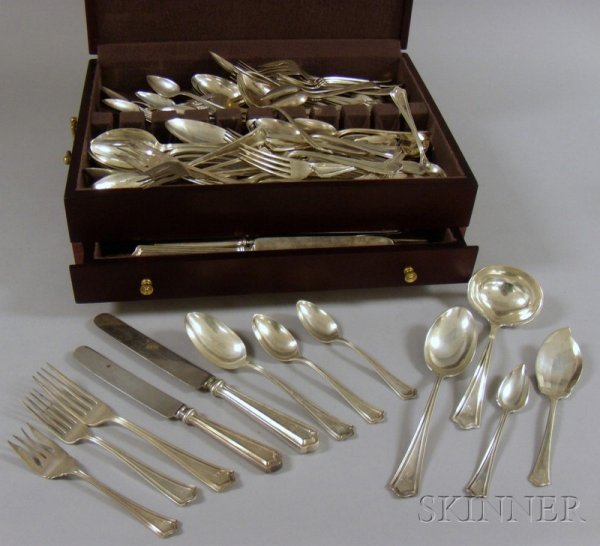 Boxed Partial Flatware Set of Whiting Sterling Flat: Boxed Partial Flatware Set of Whiting Sterling Flatware, Portland pattern, twenty-four sterling handled knives, approx. 107 pieces in total, approx. 120 troy oz.
