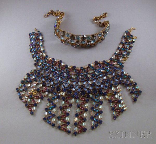 Two Vintage 1950s-60s Blue and Purple Paste Costum: Two Vintage 1950s-60s Blue and Purple Paste Costume Necklaces, one an unsigned choker, the other a Countess Cis Zoltowska bib-style necklace.