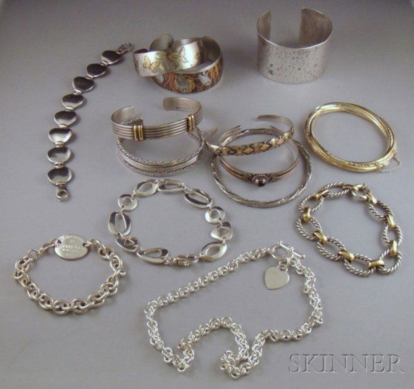 Thirteen Modern Silver Cuff, Bangle, and Link Bra: Thirteen Modern Silver Cuff, Bangle, and Link Bracelets, one Tiffany & Co., together with a sterling silver chain necklace.