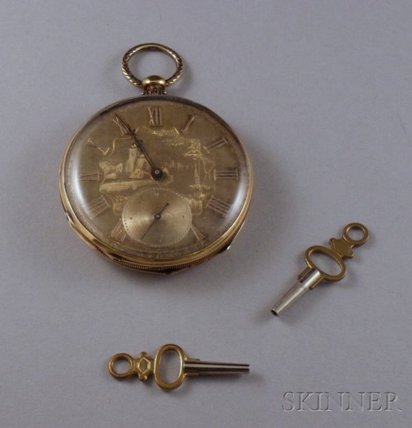 18kt Gold Etched Dial Open Face 13-jewel Key-wind : 18kt Gold Etched Dial Open Face 13-jewel Key-wind Pocket Watch, with two keys.