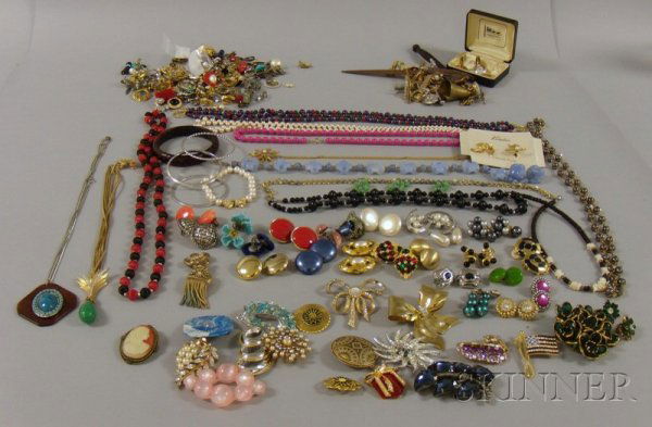 Large Group of Assorted Costume Jewelry, makers i: Large Group of Assorted Costume Jewelry, makers include Kramer, Carol Lee, Monet, Pell, Trifari, Les Glass, Frierich, Christian Dior, Joan Rivers, D'orlan, Richelieu, and others; together with a group