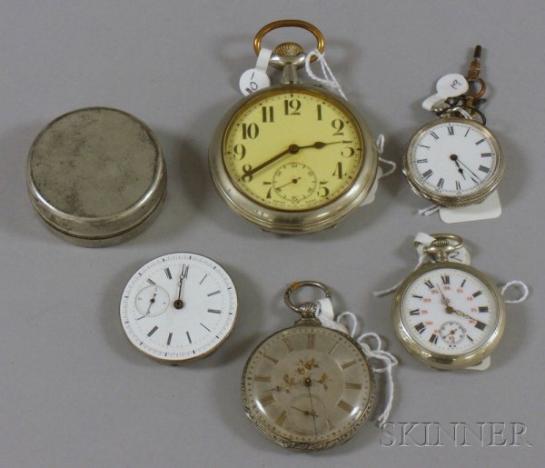 Four Pocket Watches and a Watch Movement, two app: Four Pocket Watches and a Watch Movement, two approximately 10 size Swiss watches in silver cases, a detached lever, key-wind, key-set open face watch by Cooper, Liverpool, a large Swiss open face wat