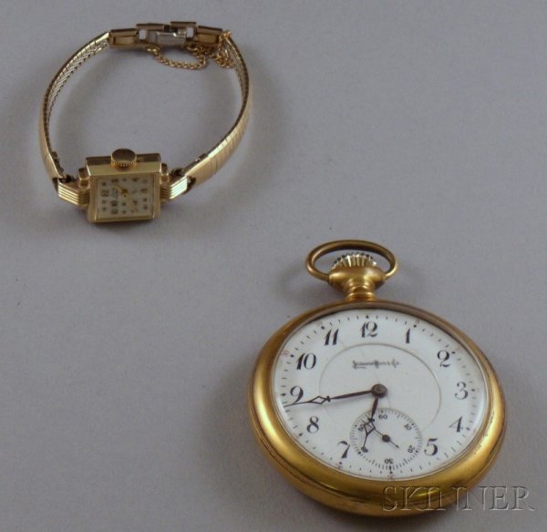 Illinois Open Face Pocket Watch and a Lady's Boxed: Illinois Open Face Pocket Watch and a Lady's Boxed Elgin Gold-Filled Wristwatch, former movement no. 1819491.