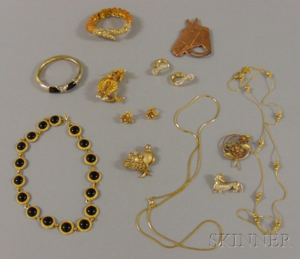 Small Group of Mostly Signed Costume Jewelry, incl: Small Group of Mostly Signed Costume Jewelry, including a Krementz floral brooch, a Napier goldtone and black plastic necklace, a Napier birds nesting brooch, a pair of Gloria Vanderbilt paste-inset e