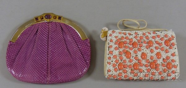 Two Judith Leiber Designer Handbags, 1980s-90s, bo: Two Judith Leiber Designer Handbags, 1980s-90s, both labeled, including a pink reptile skin with goldtone frame accented with tiger's-eye and purple quartz and a white leather, coral plastic and glass