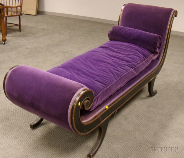 Neoclassical Purple Velvet Upholstered Parcel-gilt: Neoclassical Purple Velvet Upholstered Parcel-gilt and Ebonized Wood Recamier, (wear, edge wear, joint seperations, some looseness, small stretch of apron molding missing), lg. 81 in.