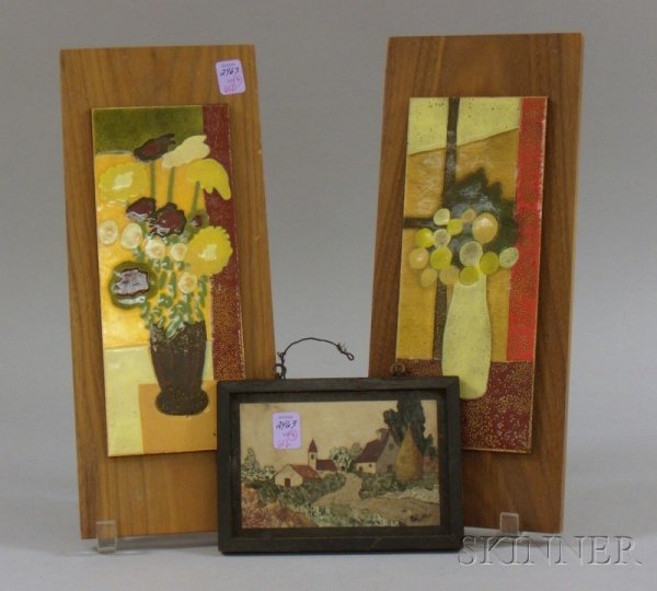 Framed Pietra Dura Landscape Plaque and a Pair of: Framed Pietra Dura Landscape Plaque and a Pair of Mid-Century Modern Enamel on Copper Floral Still Life Plaques Mounted on Wood, landscape sight size 4 x 6, enameled plaque lg. 10 in.