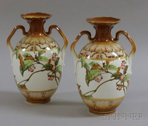 Pair of Buffalo Pottery Hand-colored Floral Transf: Pair of Buffalo Pottery Hand-colored Floral Transfer Decorated Two-Handled Vases, 1906-07, (one with rim repair), ht. 10 in.