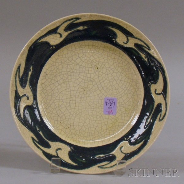 Art Pottery Dedham-style Flying Goose Pattern Plat: Art Pottery Dedham-style Flying Goose Pattern Plate, attributed to Pewabic Pottery, dia. 9 1/8 in.