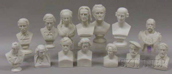 Fourteen Small Parian Historical and Character Bus: Fourteen Small Parian Historical and Character Busts, including Shakespeare, two Beethoven, Goethe, T. Tasse, two Wagner, Haydn, Liszt, Holbein, Lermontov, Weber, and George V, (good condition), ht. t
