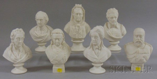 Seven Small Parian Historical Busts, Cowper, Locke: Seven Small Parian Historical Busts, Cowper, Locke, Queen Victoria, Ben Johnson, Martha Washington, Edward VII, and Dryden, (good condition, some surface soiling), ht. to 9 1/8 in.