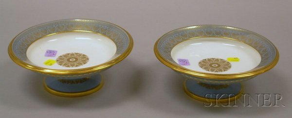 Pair of Sevres Gilt and Pale Blue Decorated Porce: Pair of Sevres Gilt and Pale Blue Decorated Porcelain Compotes, (good condition, very minor gilt wear, one with small flakes on underside of foot), ht. 3 1/4, dia. 8 1/4 in.