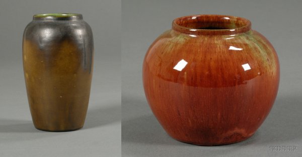 Two Newcomb Pottery Vases Clay with glossy overglaz: Two Newcomb Pottery Vases Clay with glossy overglaze New Orleans, Louisiana, c. 1902 Glossy red brown underglaze with green drips, flambe style on dark clay body, possibly an experimental piece, incis