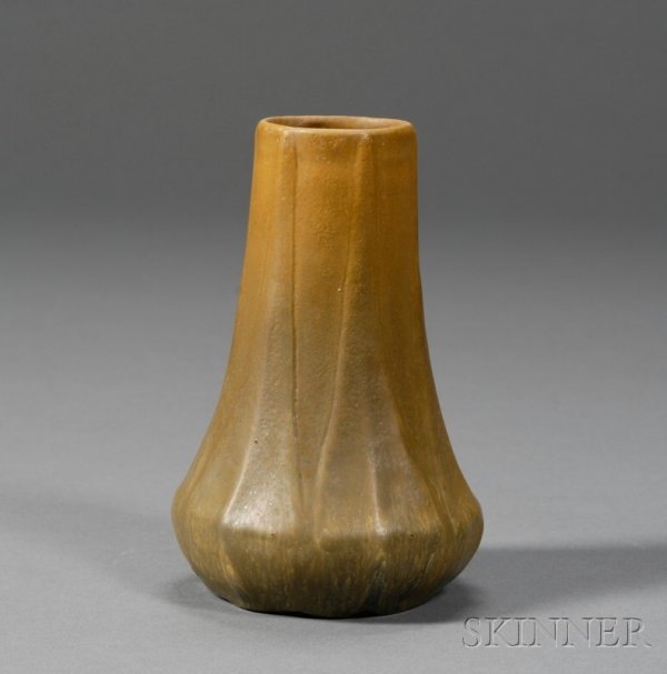 Van Briggle Vase Glazed earthenware Colorado, c. 19: Van Briggle Vase Glazed earthenware Colorado, c. 1912-17 Olive green and mustard-colored glaze on flared cylindrical body with stylized ribbed leaves, impressed pottery mark on base, fine hairline, ht