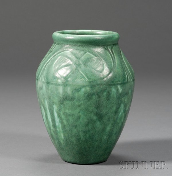 Rookwood Pottery Vase Glazed earthenware William Mc: Rookwood Pottery Vase Glazed earthenware William McDonald, Cincinnati, Ohio, 1901 Green glaze with incised fan-shape design at shoulder on vasiform body, pottery and date marks on base, ht. 7 7/8 in.
