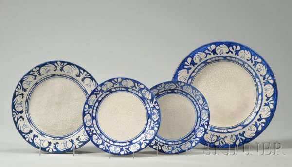 Four Dedham Pottery Plates Glazed earthenware Dedha: Four Dedham Pottery Plates Glazed earthenware Dedham, Massachusetts Rabbit pattern, all with pottery mark on reverse, dia. 8, 8 1/4, 10, 11 7/8 in.