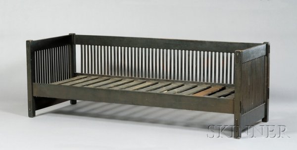 Arts & Crafts Spindle Settle Ebonized United St: Arts & Crafts Spindle Settle Ebonized wood United States, early 20th century Even arm with forty-nine vertical back slats, sixteen vertical slats at each end, seat and top rail with through double-peg