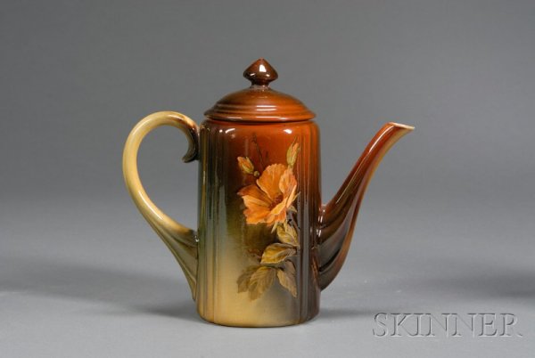 Rookwood Pottery Chocolate Pot Glazed earthenware C: Rookwood Pottery Chocolate Pot Glazed earthenware Cincinnati, Ohio, 1891 Decorated by Amelia Sprague, with an orange rose on olive and brown ground, artist's initial, pottery and date mark on base, ti