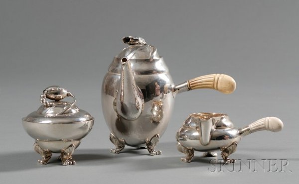 Georg Jensen Mini Blossom Coffee, Sugar, and Cream: Georg Jensen Mini Blossom Coffee, Sugar, and Cream Pitcher Sterling silver and ivory Denmark Coffee marked with crowned oval with Georg Jensen within, and beaded oval 925S, sugar and pitcher marked GJ