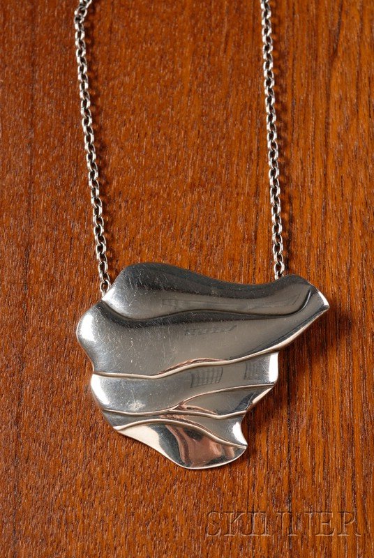 Georg Jensen Large Pendant with Chain Sterling sil: Georg Jensen Large Pendant with Chain Sterling silver Ole Kortzau, Denmark, 1945 - Large abstract pendant suspended by chains, pendant marked 925s Denmark, Georg Jensen in a beaded oval, 395, OK, appr