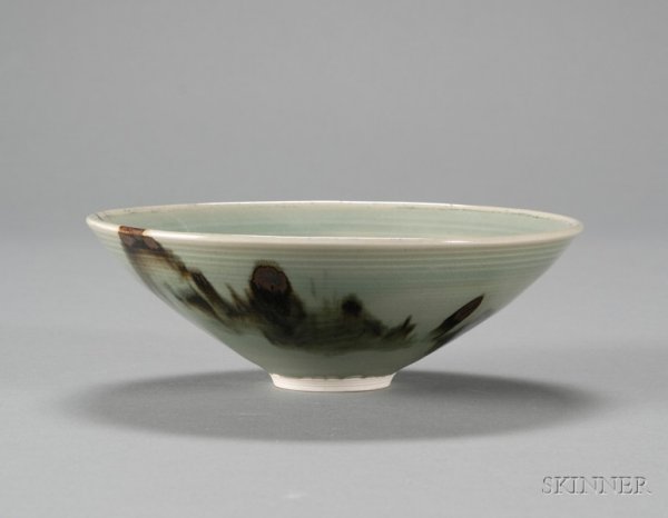 Vivika & Otto Heino Bowl Pottery California and Ne: Vivika & Otto Heino Bowl Pottery California and New Hampshire, 20th century Flared form on small circular foot in celadon glaze with dark brown accents, marked Vivika & Otto on base, ht. 2 3/8, dia. 7
