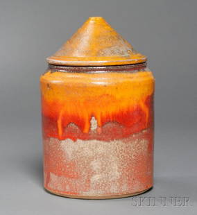Covered Pottery Vessel Probably William Wyman Glaz: Covered Pottery Vessel Probably William Wyman Glazed stoneware Fourth quarter 20th century Conical lid with interior green glaze on cylindrical body in reds, mustard, rust, and gray glazes, wood fired