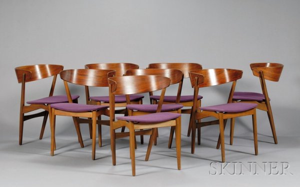 Eight Scandinavian Dining Chairs Rosewood, hardwoo: Eight Scandinavian Dining Chairs Rosewood, hardwood, and upholstery Mid 20th century Rosewood curved seat back joined to two cylindrical backswept leg posts, joined by rear stretcher, purple upholster