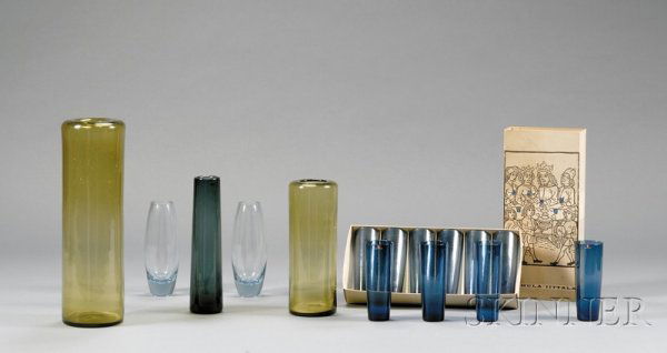 Fifteen Pieces of Art Glass, Including Holmegaard: Fifteen Pieces of Art Glass, Including Holmegaard and Iittala Hand wrought glass Scandinavia, mid 20th century Comprised of two ovoid Holmegaard vases in light transparent blue, a tall cylindrical dee
