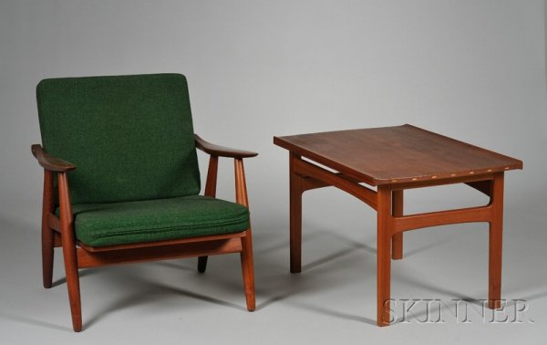 Scandinavian Design Lounge Chair and Dux End Table: Scandinavian Design Lounge Chair and Dux End Table Teak and upholstery Table by Kindt Larsen, Sweden, mid 20th century Armchair with green upholstered seat cushions, strap and seat support and accompa