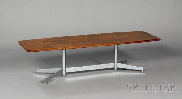 Coffee Table Attributed to Ward Bennett Rosewood a: Coffee Table Attributed to Ward Bennett Rosewood and steel Lehigh Co., 1963 Rectangular top over polished steel base slightly elevated by padform feet, ht. 15 1/2, lg. 60 1/4, wd. 19 7/8 in.